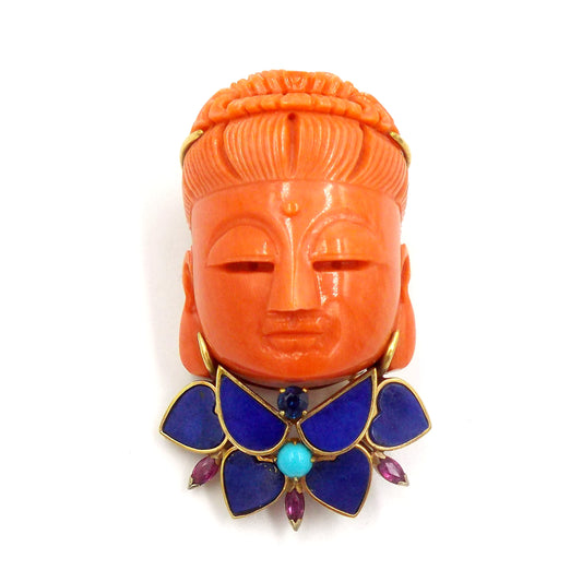 Buddha Carved Coral Lapis Lazuli Sapphire Ruby Turquoise Yellow Gold Pin Brooch