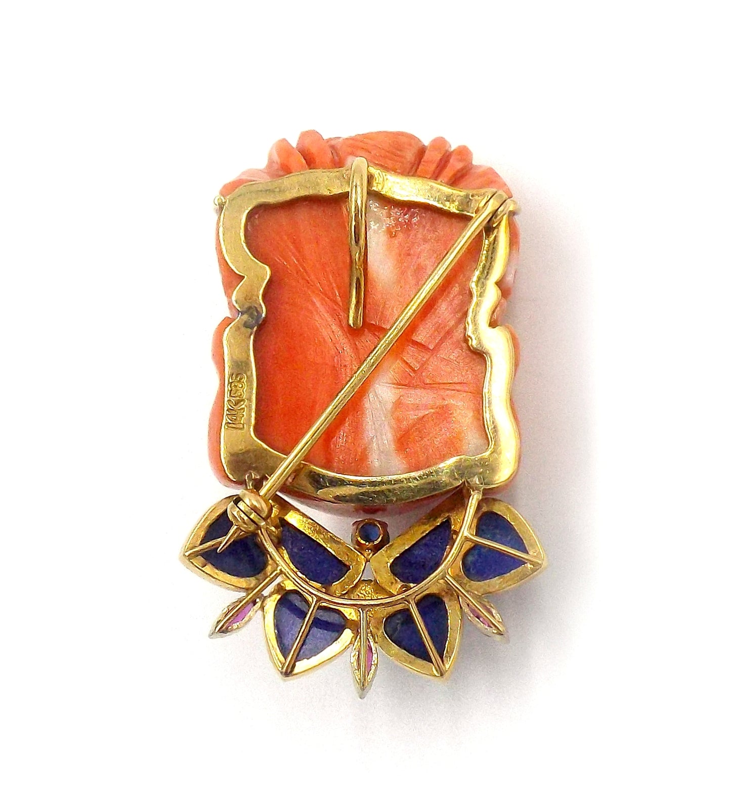 Buddha Carved Coral Lapis Lazuli Sapphire Ruby Turquoise Yellow Gold Pin Brooch