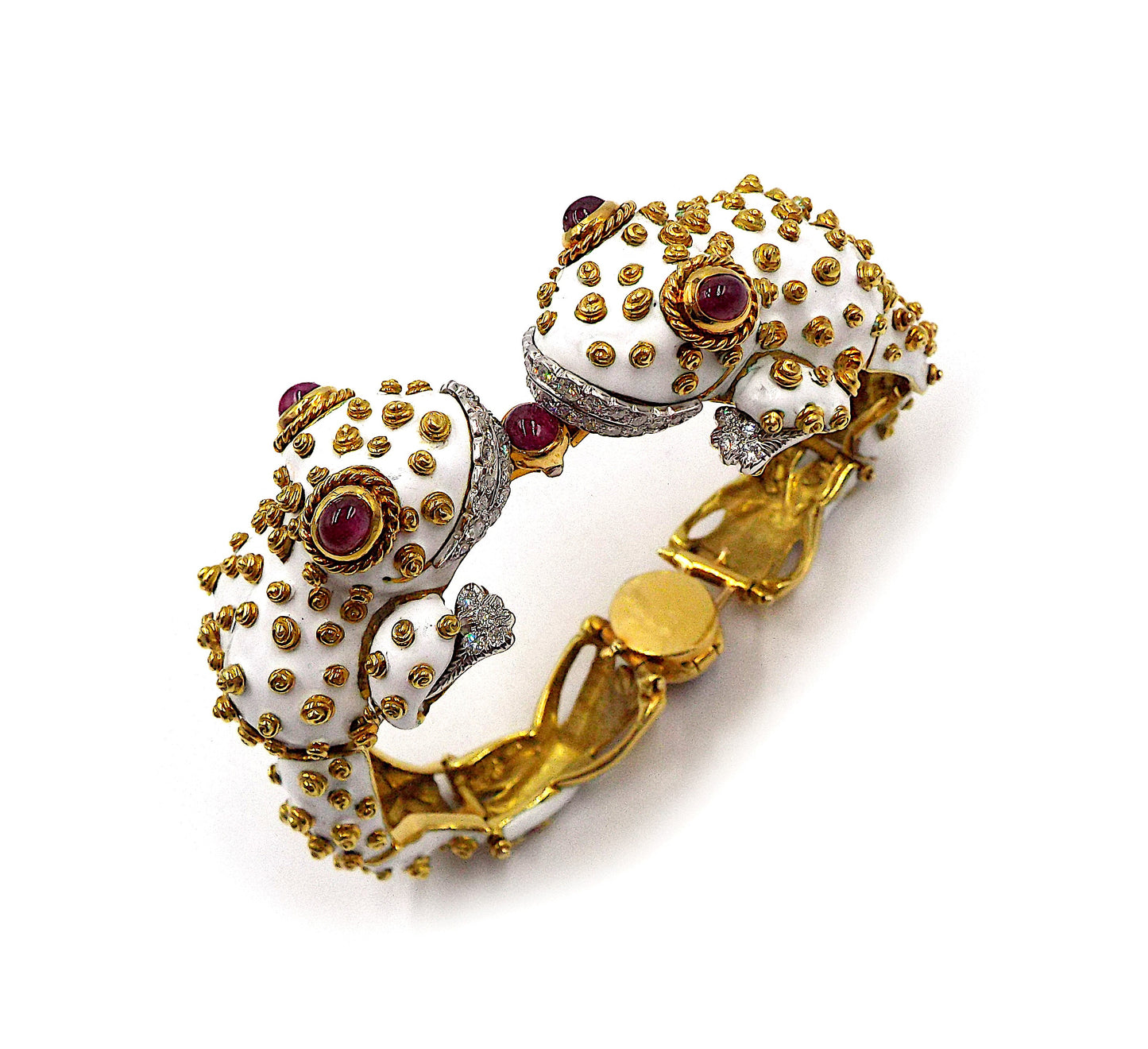 David Webb 18K Yellow Gold Platinum Enamel Ruby Diamond Twin Frog Bracelet