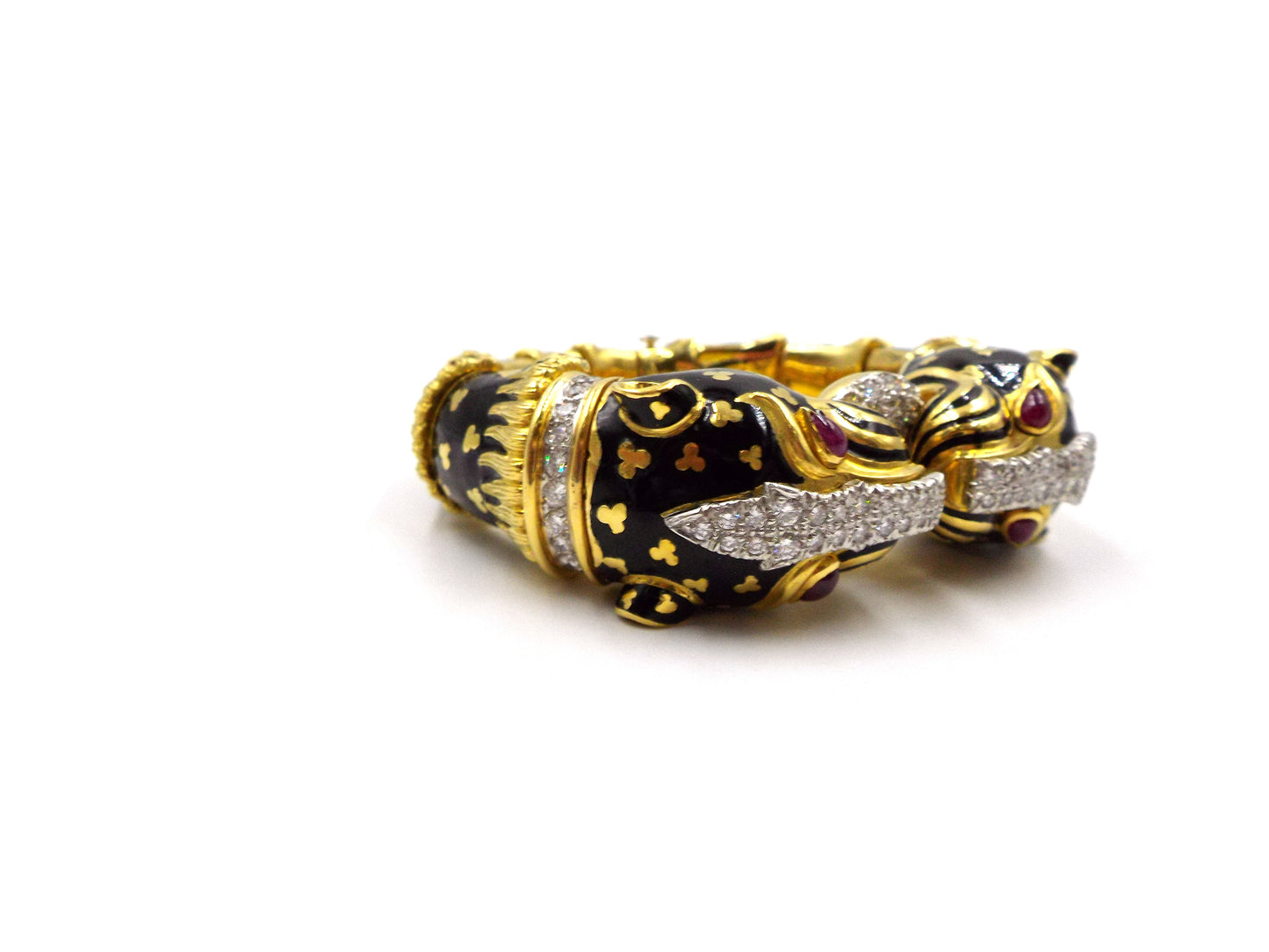 David Webb Double Leopard 18K Gold Enamel Diamond Ruby Bracelet