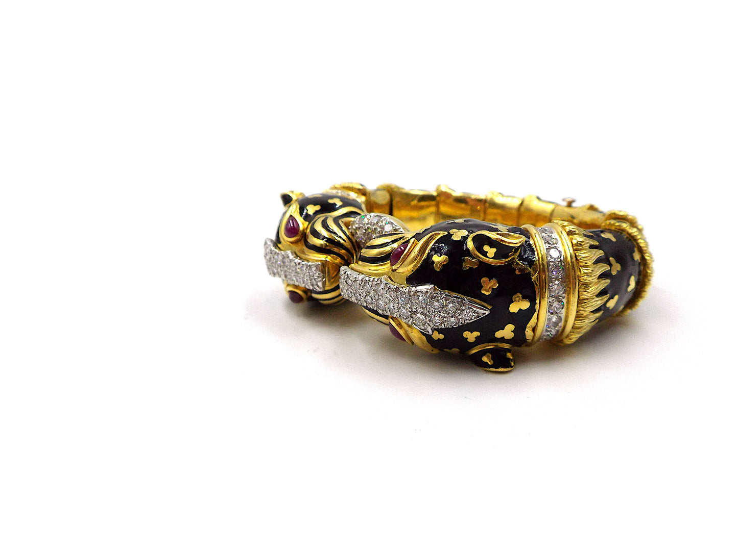 David Webb Double Leopard 18K Gold Enamel Diamond Ruby Bracelet