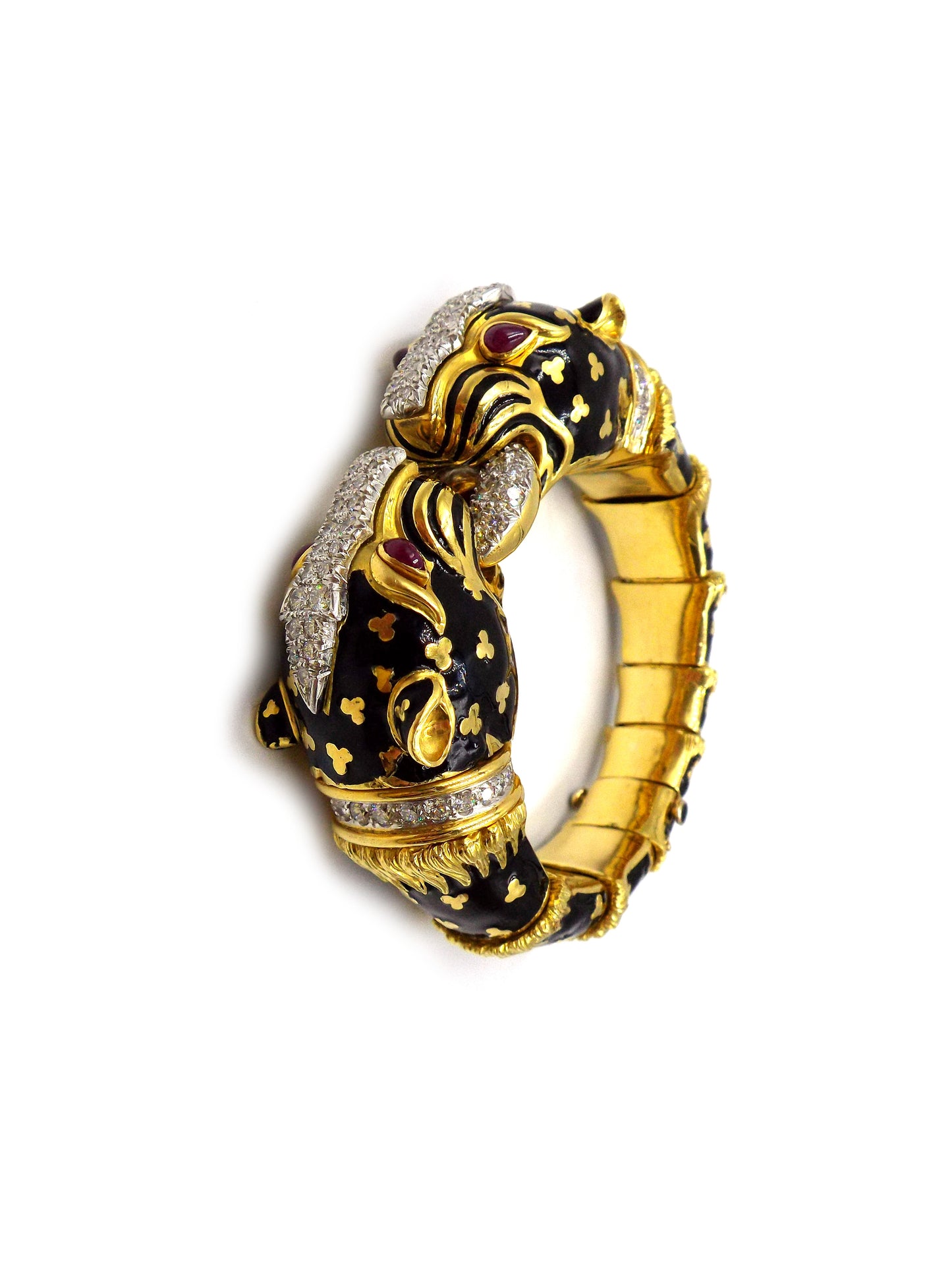 David Webb Double Leopard 18K Gold Enamel Diamond Ruby Bracelet