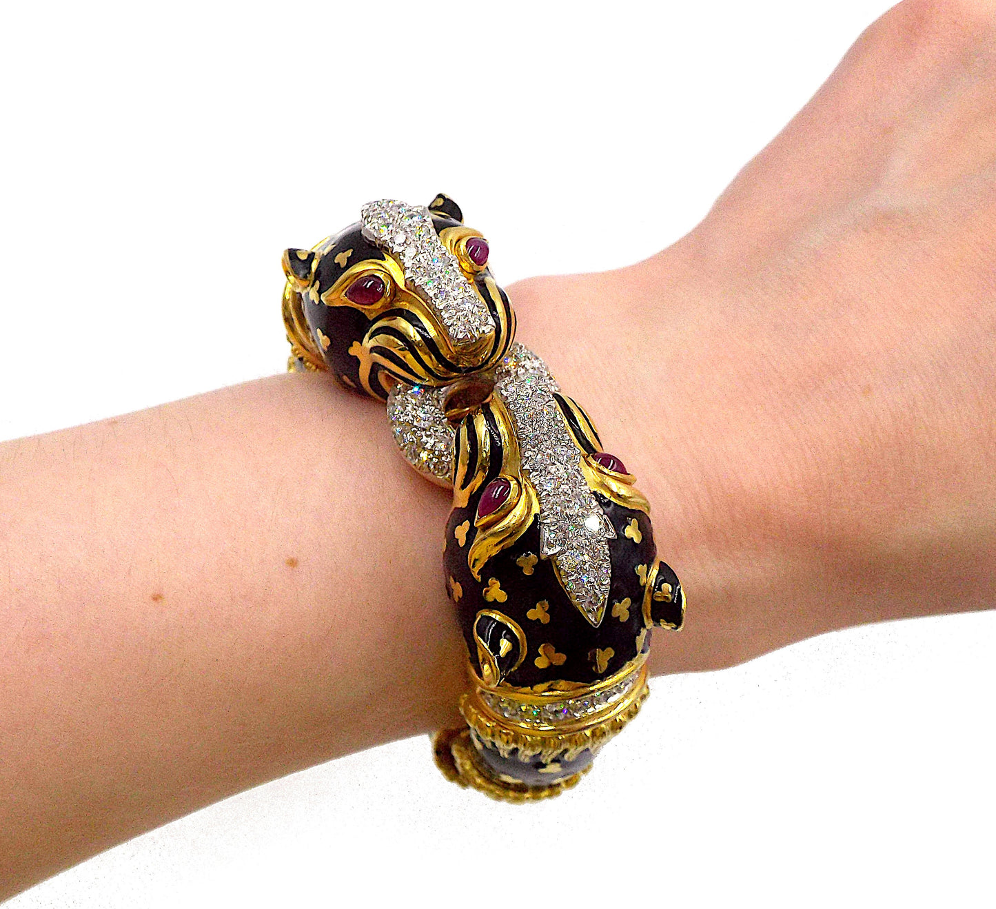 David Webb Double Leopard 18K Gold Enamel Diamond Ruby Bracelet