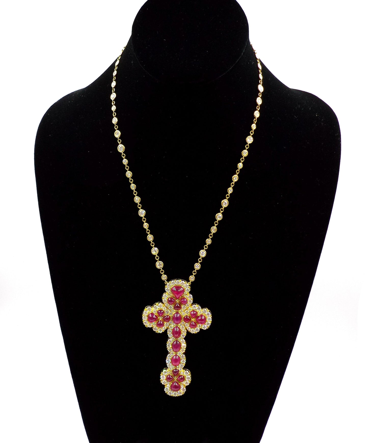 18K Yellow Gold Burma Ruby Diamond Chain Cross Pendant Necklace