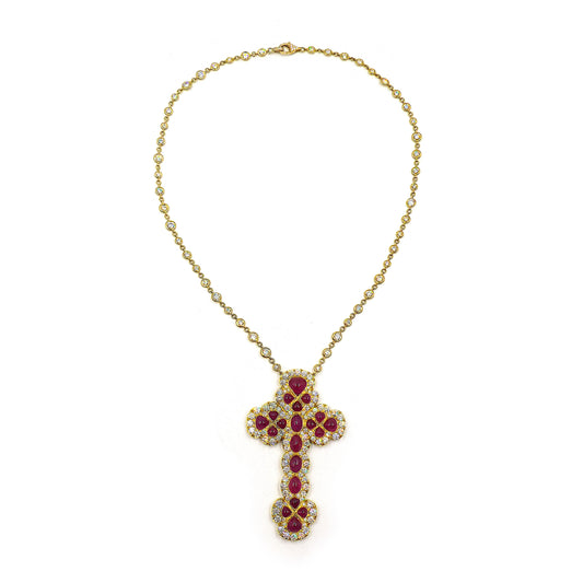 18K Yellow Gold Burma Ruby Diamond Chain Cross Pendant Necklace