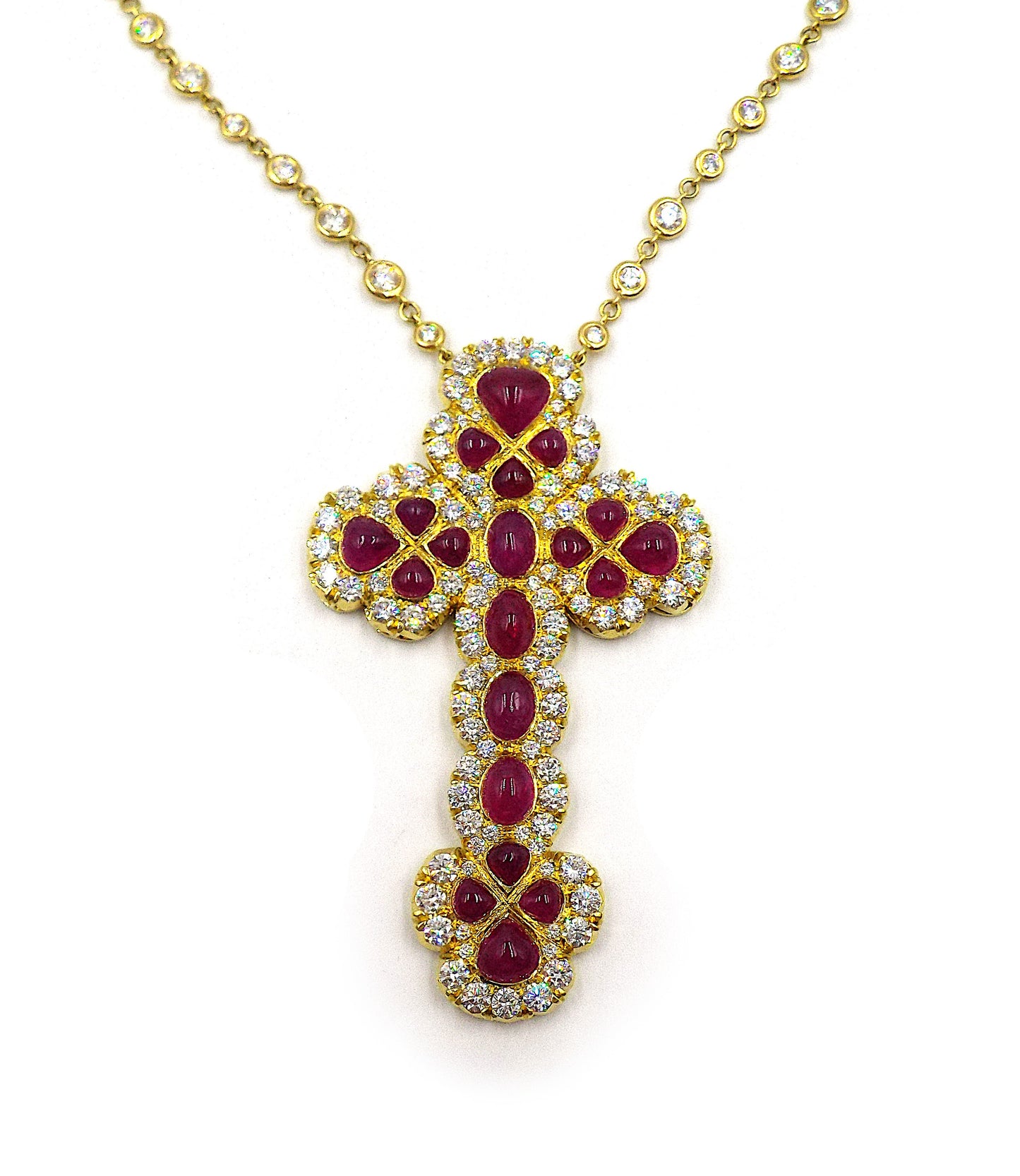 18K Yellow Gold Burma Ruby Diamond Chain Cross Pendant Necklace