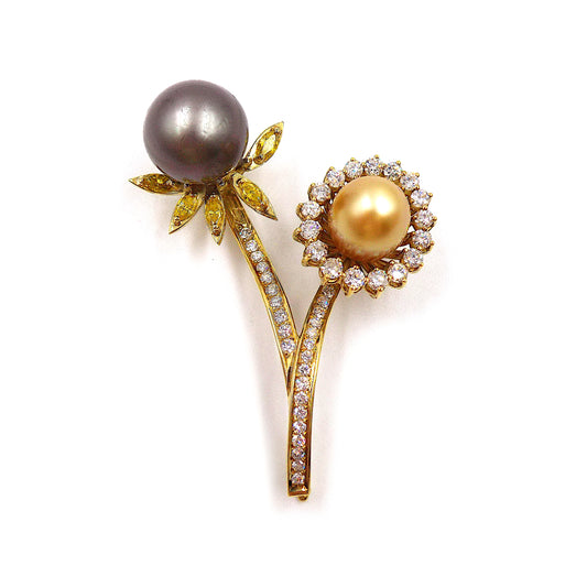 South Sea Cultured Pearl, Diamond, Colored Diamond, Gold Brooch