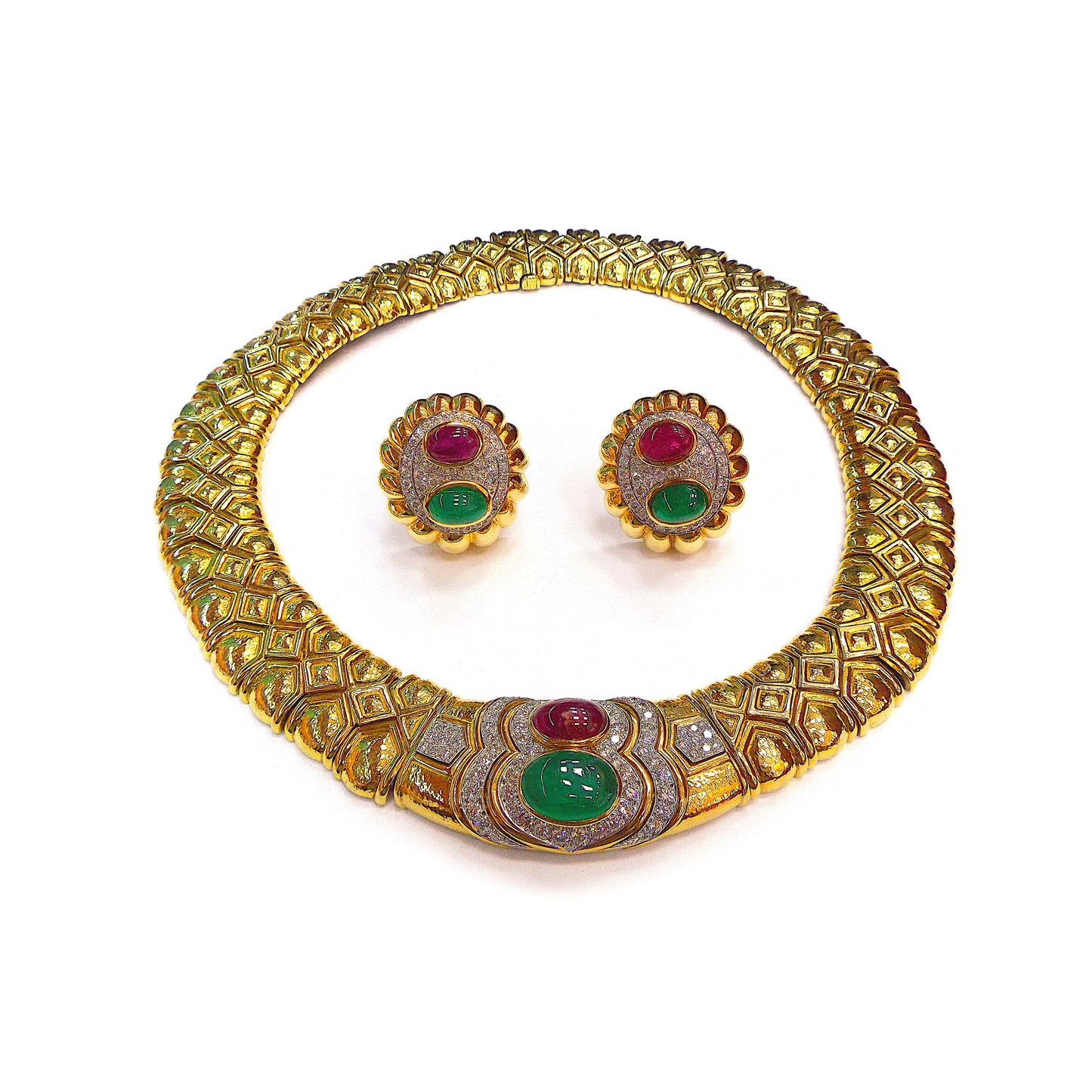 David Webb Gold Emerald Ruby Diamond Necklace and Earclips