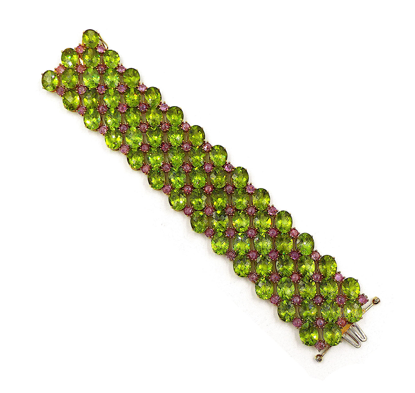 Paolo Costagli Wide Gold Peridot Pink Sapphire Bracelet and Pair of Earclips