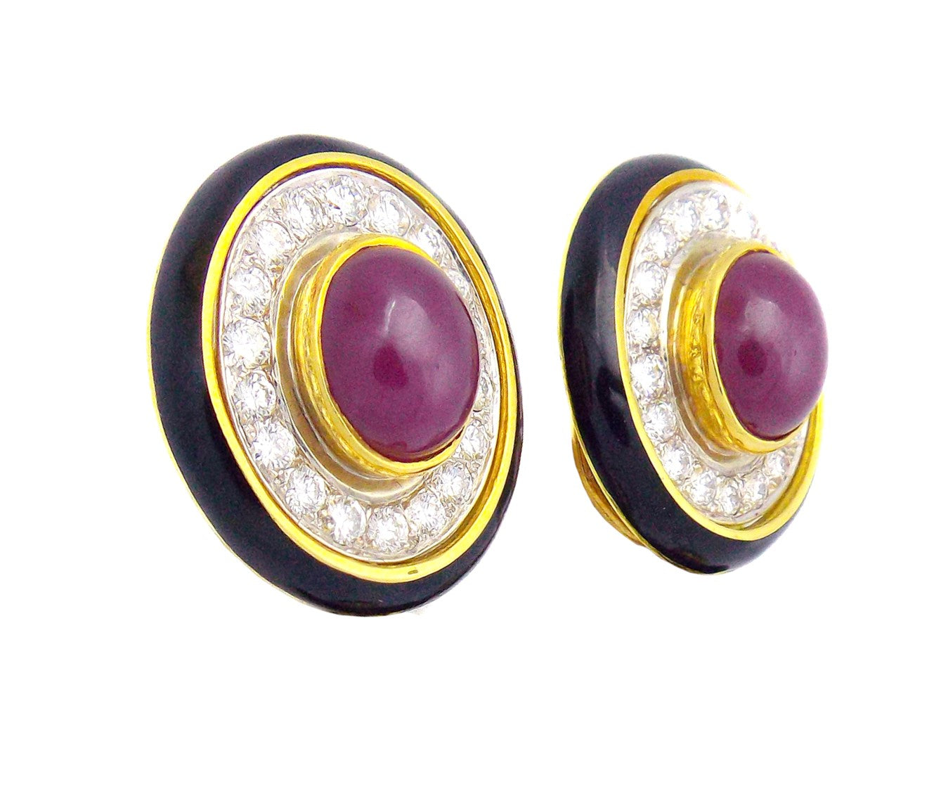 18K Yellow Gold Ruby Diamond Black Enamel Earrings