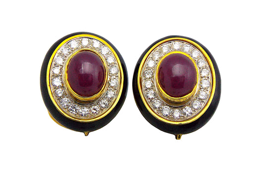 18K Yellow Gold Ruby Diamond Black Enamel Earrings