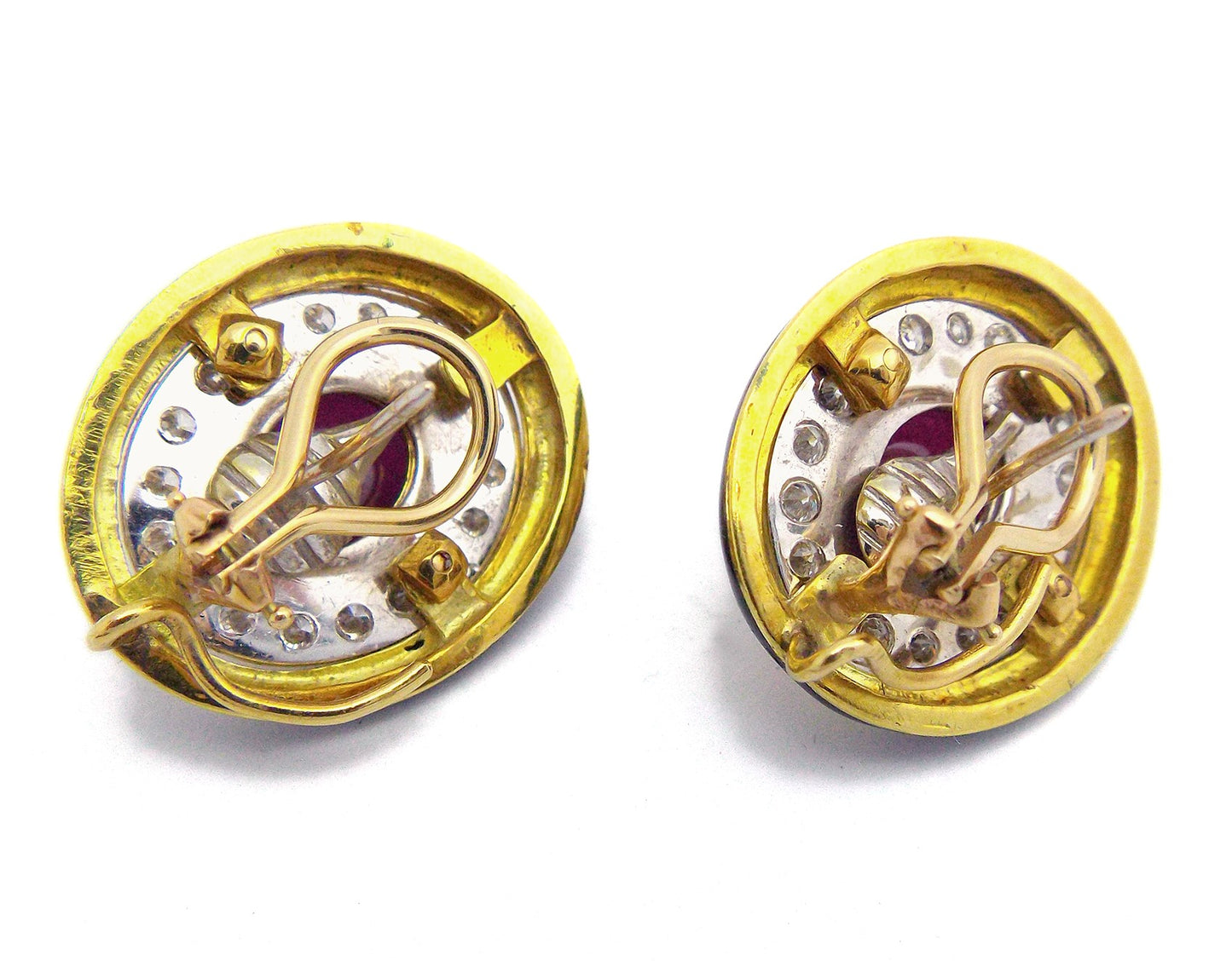 18K Yellow Gold Ruby Diamond Black Enamel Earrings