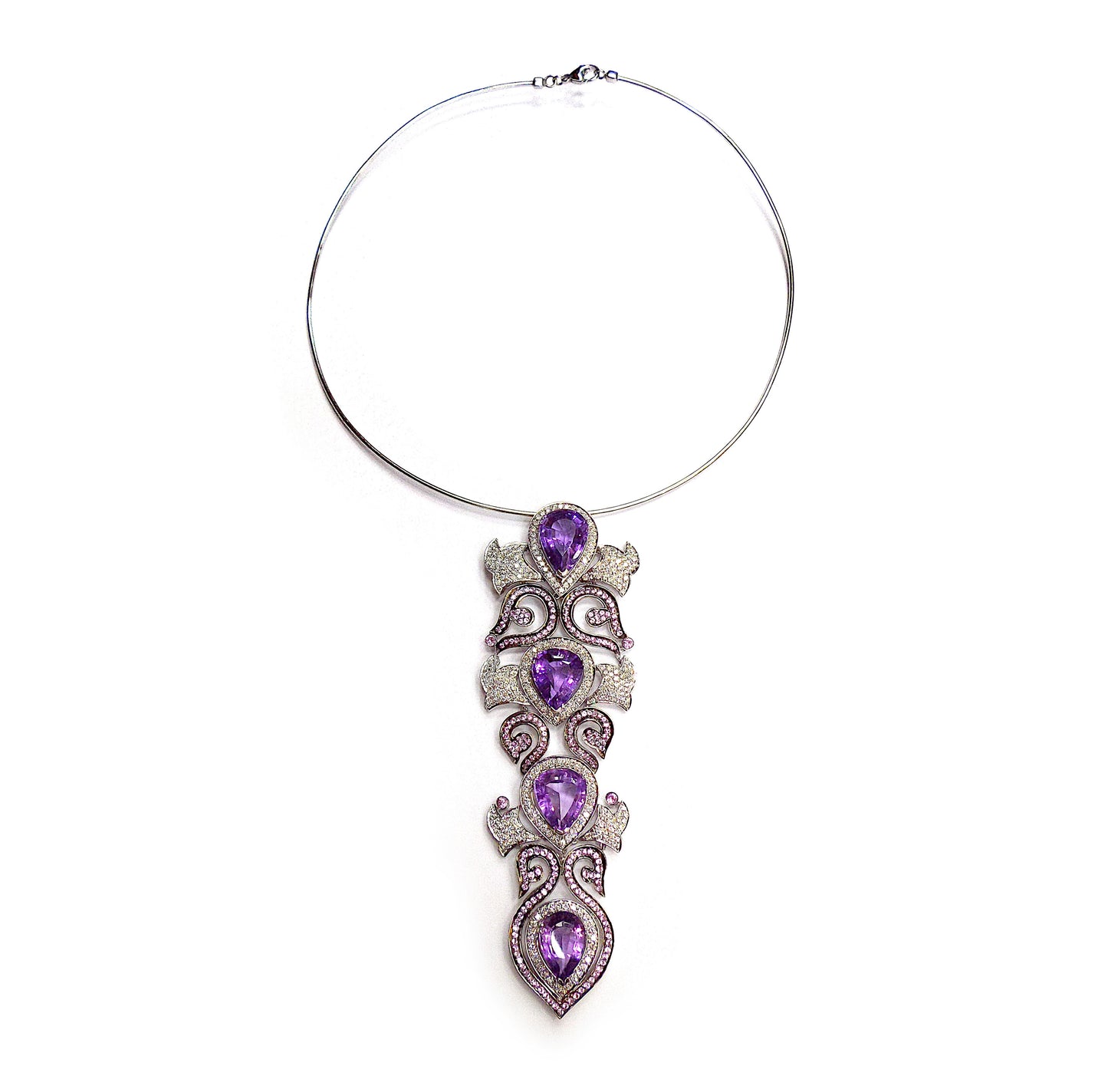 18 Karat White Gold, Amethyst, Pink Sapphire and Diamond Collar Pendant Necklace