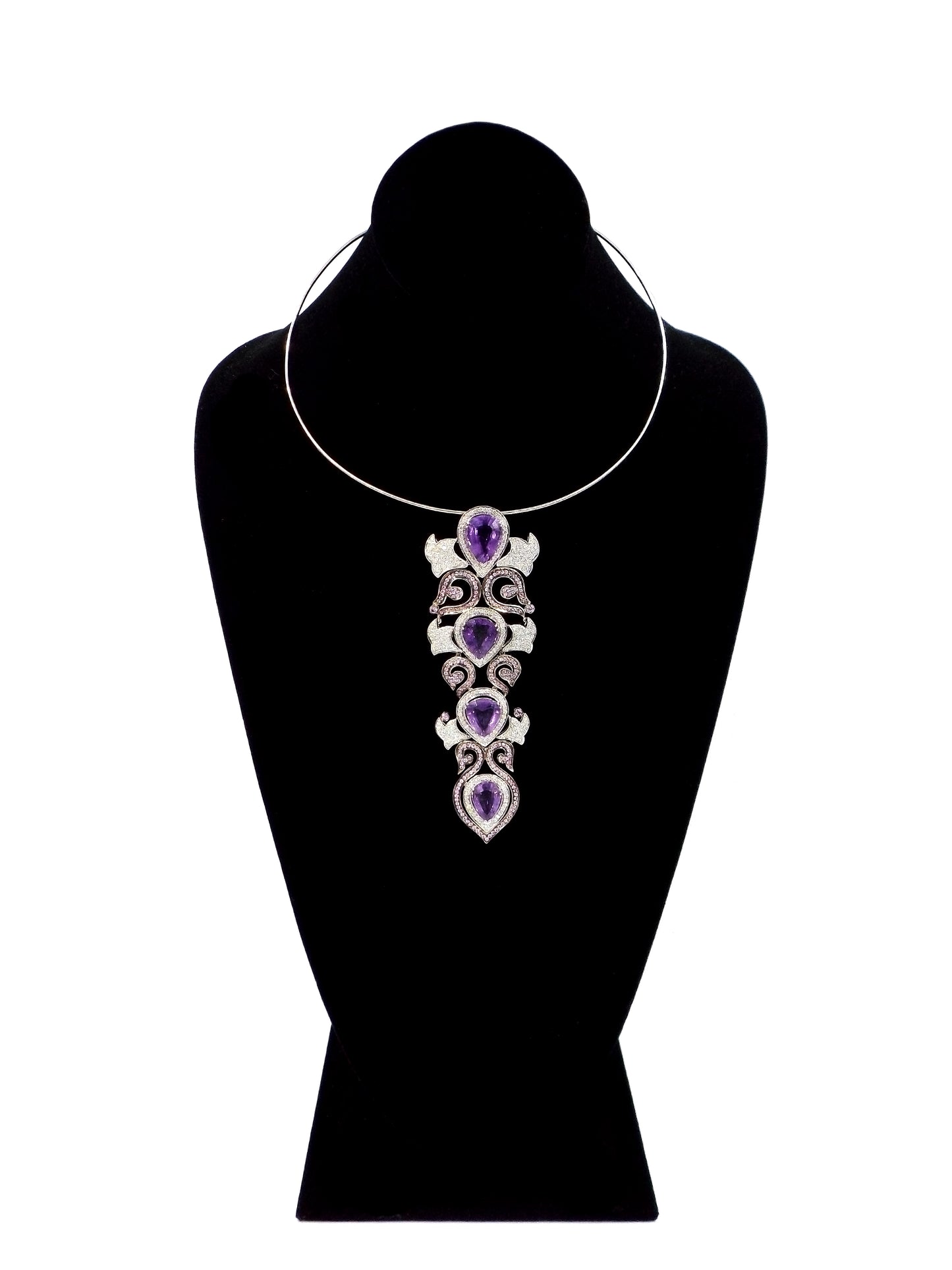 18 Karat White Gold, Amethyst, Pink Sapphire and Diamond Collar Pendant Necklace