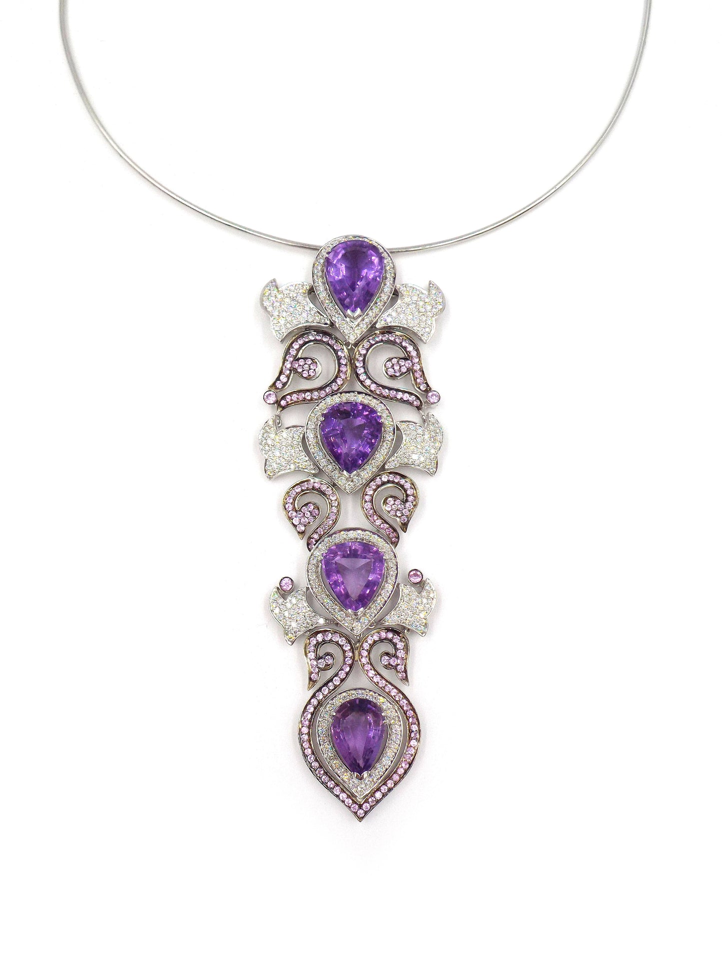 18 Karat White Gold, Amethyst, Pink Sapphire and Diamond Collar Pendant Necklace