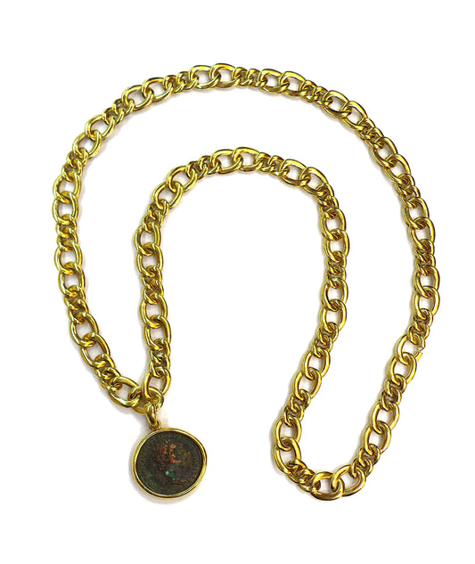 Bulgari Yellow Gold Ancient Coin Pendant Long Chain Necklace