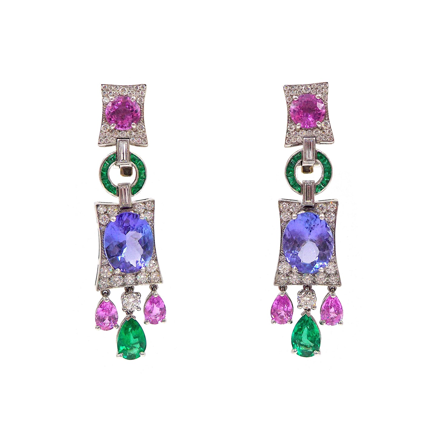 18K White Gold Diamond Emerald Tanzanite Pink Sapphire GIA Earrings Earclips