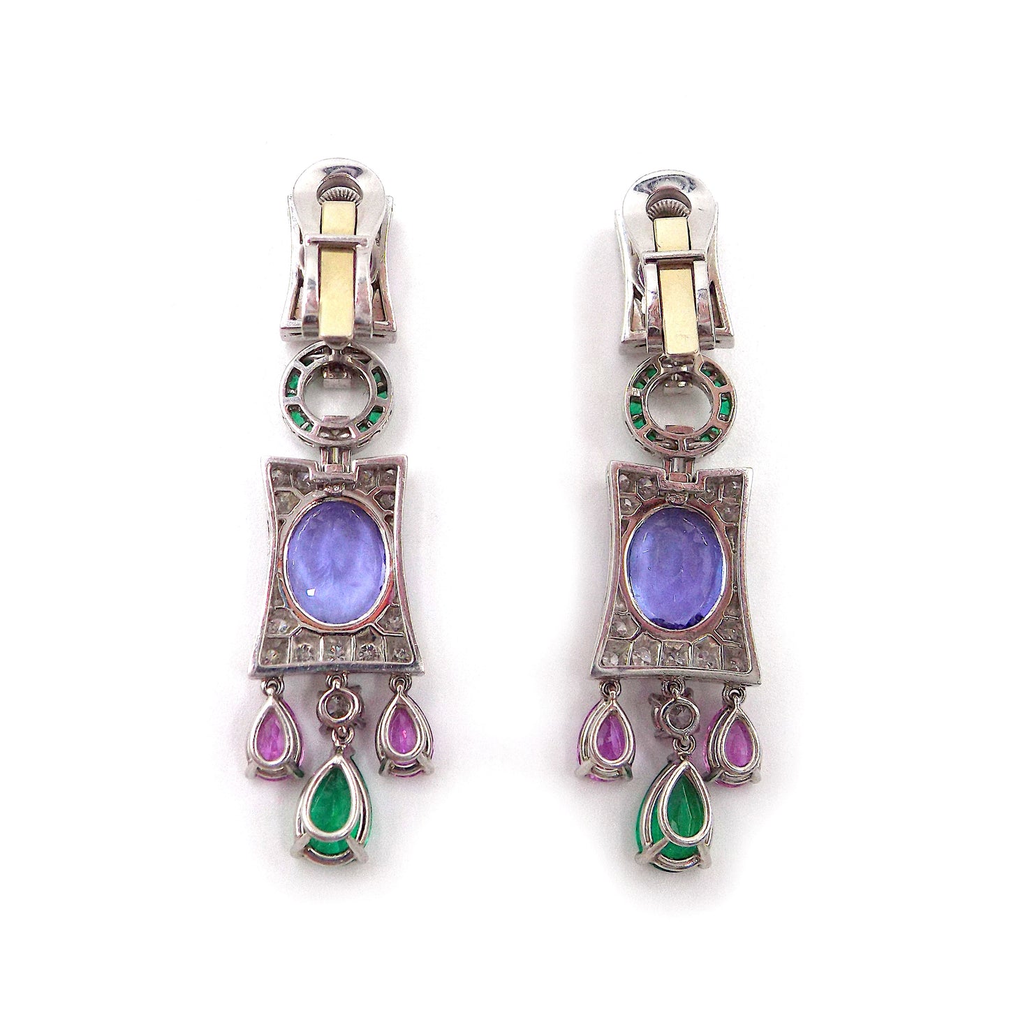 18K White Gold Diamond Emerald Tanzanite Pink Sapphire GIA Earrings Earclips