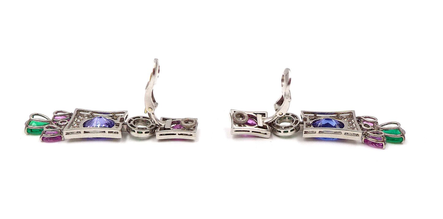 18K White Gold Diamond Emerald Tanzanite Pink Sapphire GIA Earrings Earclips