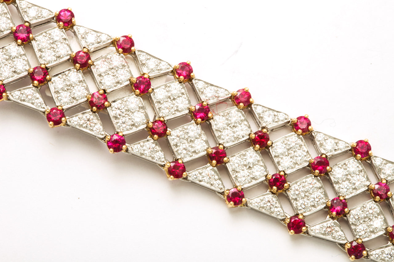 Tiffany & Co Trellis 18K Gold 9 Ruby Diamond 1980s Bracelet