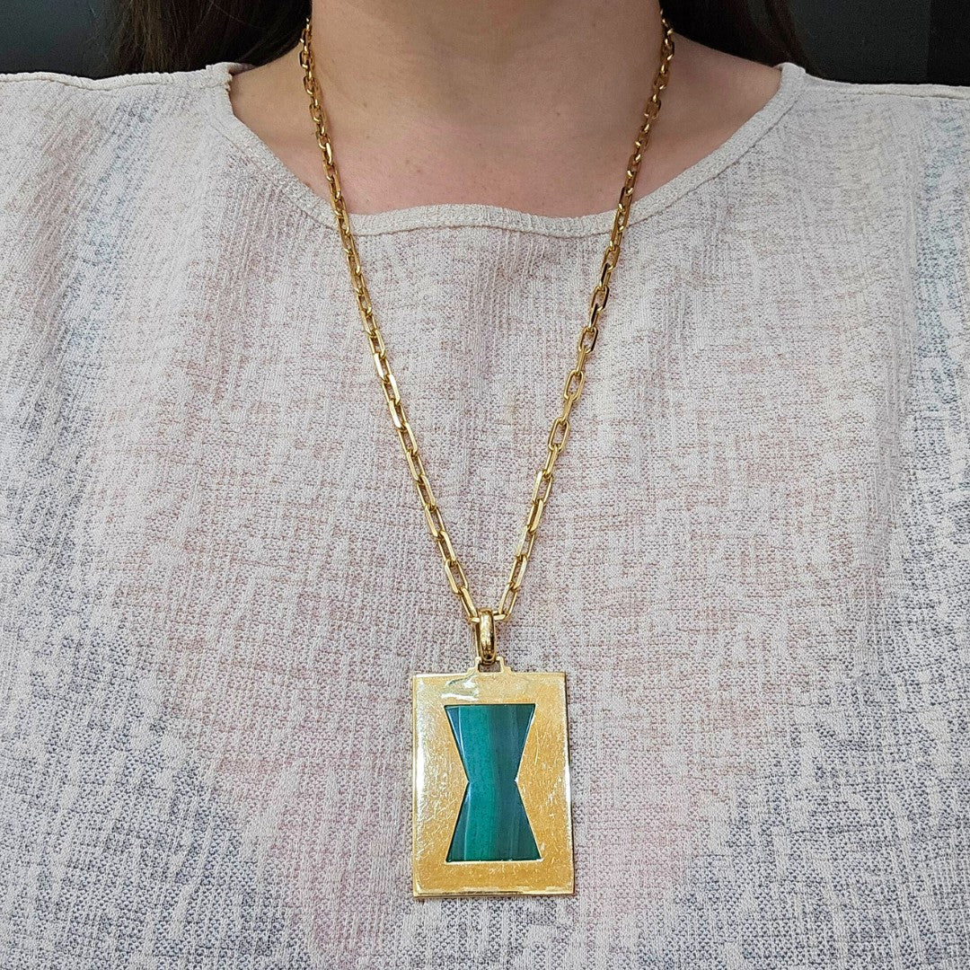 Cartier Santose Chain Necklace with Cartier Malachite Keyhole Pendant