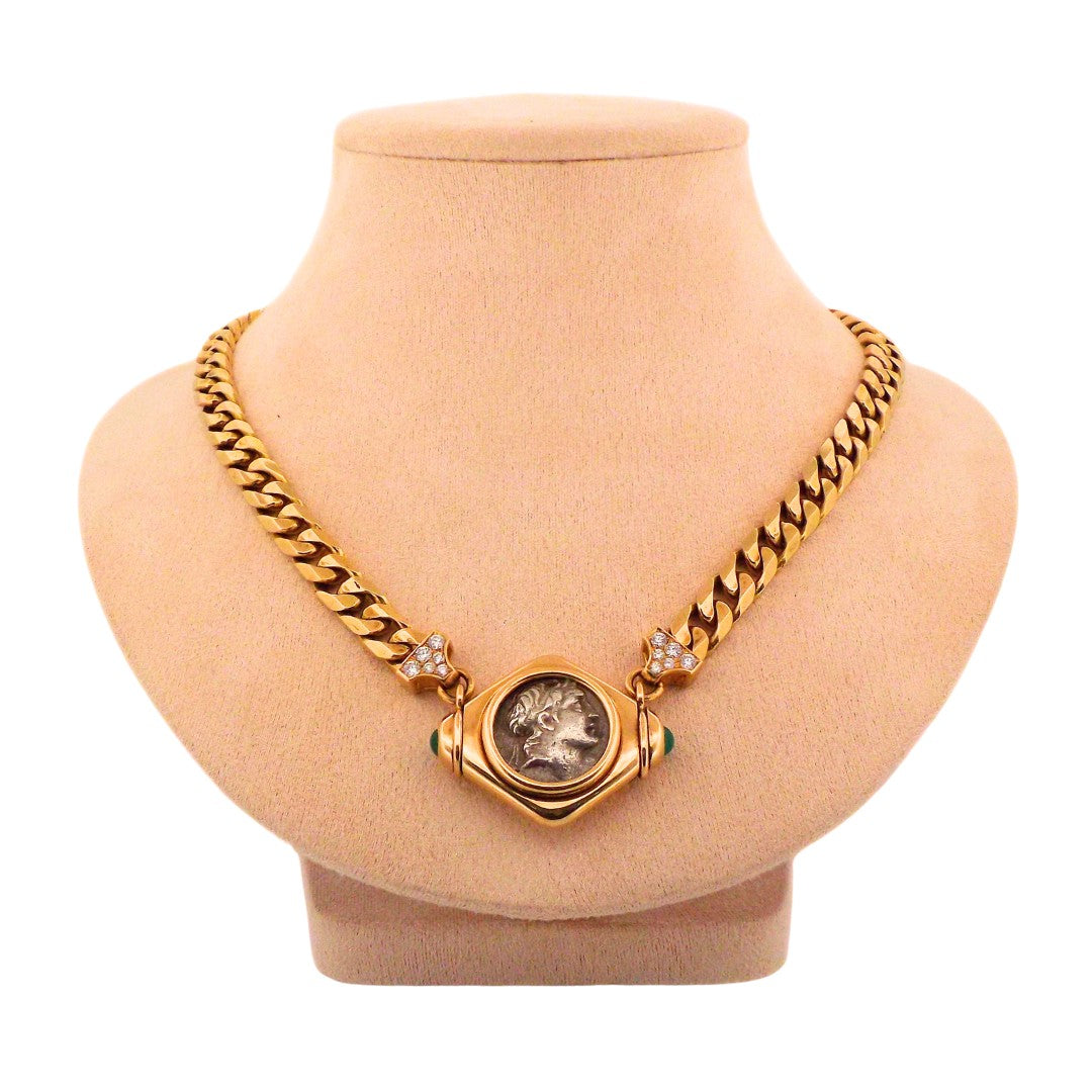 Bulgari 18K Gold Monete Diamond Emerald Collar Chain Necklace