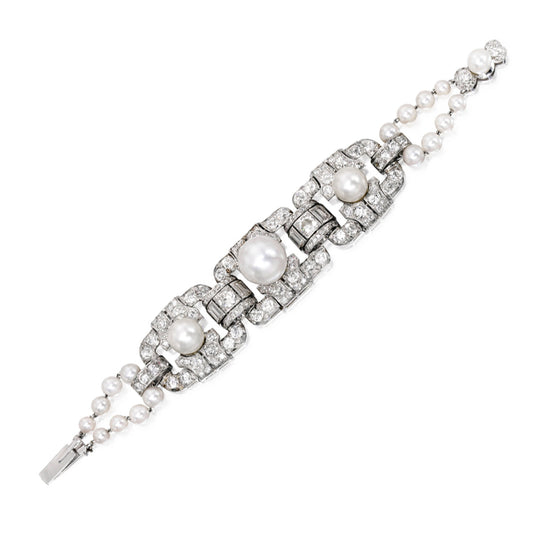 Platinum 18K Gold Cultured Pearl Diamond Bracelet
