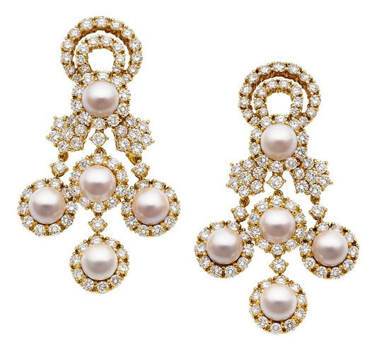18K Gold Diamond Pearl Chandelier Earrings