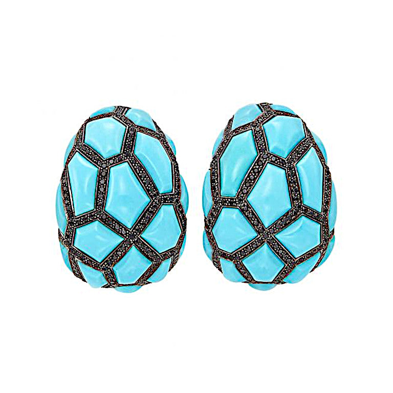 White and Blackened Gold Turquoise Black Diamond Earclips de Grisogono