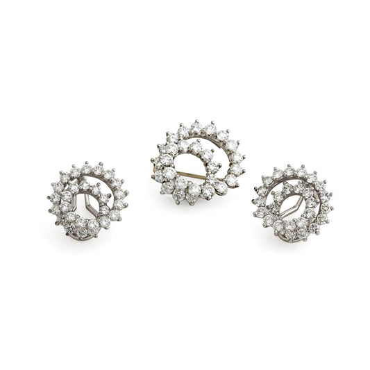Tiffany & Co., Platinum and Diamond Pin and Earrings Set