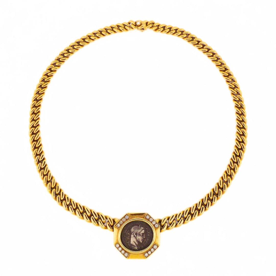 Bulgari 18K Diamond Ancient Roman Monete Chain Necklace
