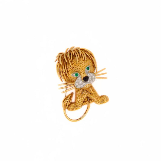 Van Cleef & Arpels 18K Diamond Emerald Lion Brooch