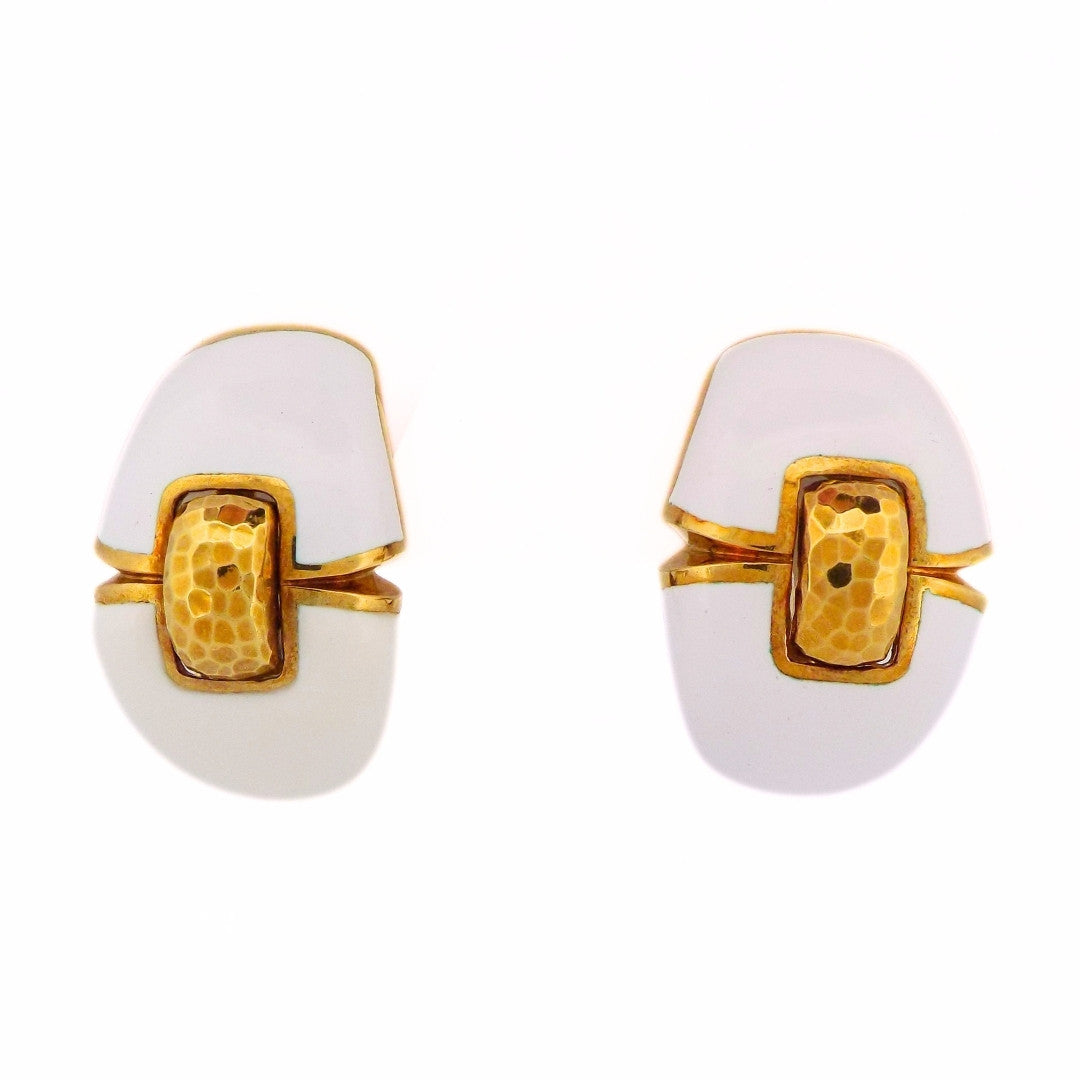 David Webb 18K Gold White Enamel Earclip Earrings