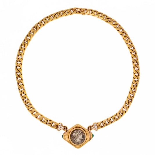 Bulgari 18K Gold Monete Diamond Emerald Collar Chain Necklace