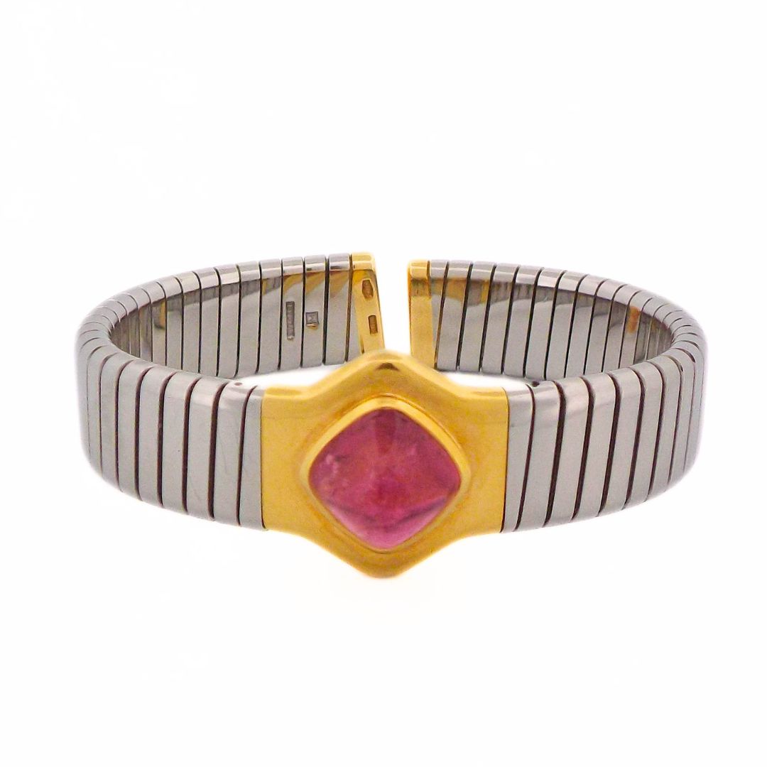 Bulgari 18K Steel Pink Tourmaline Bangle Bracelet