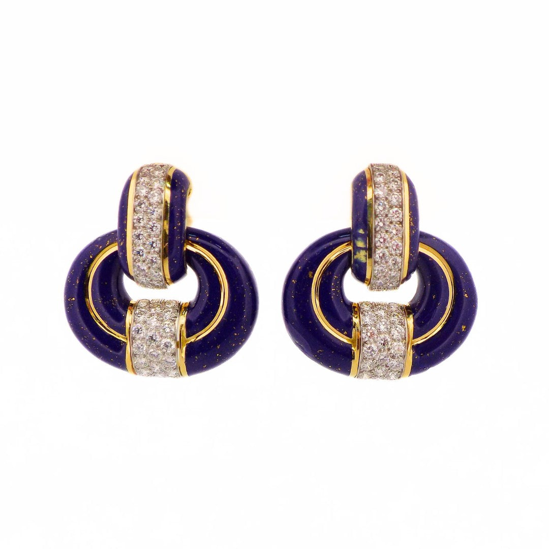 David Webb 18K Blue Enamel Diamond Doorknocker Earclip Earrings