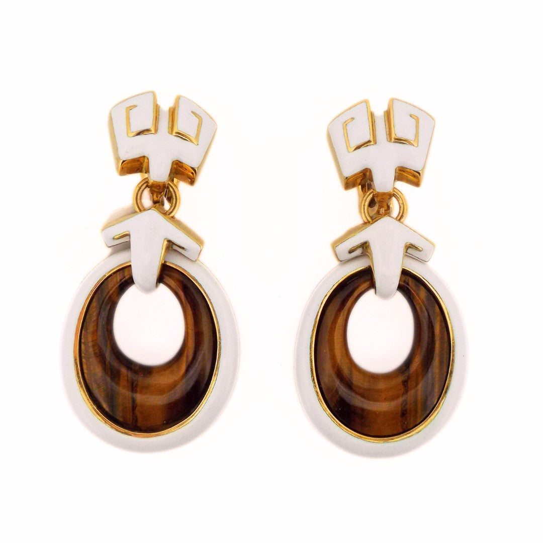 David Webb 18K Enamel Tigers Eye Drop Earrings