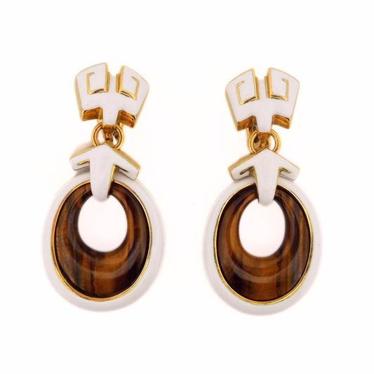 David Webb 18K Enamel Tigers Eye Drop Earrings