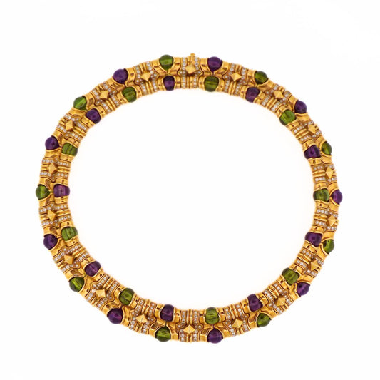 Bulgari 18K Gold Diamond Peridot Amethyst Collar Necklace
