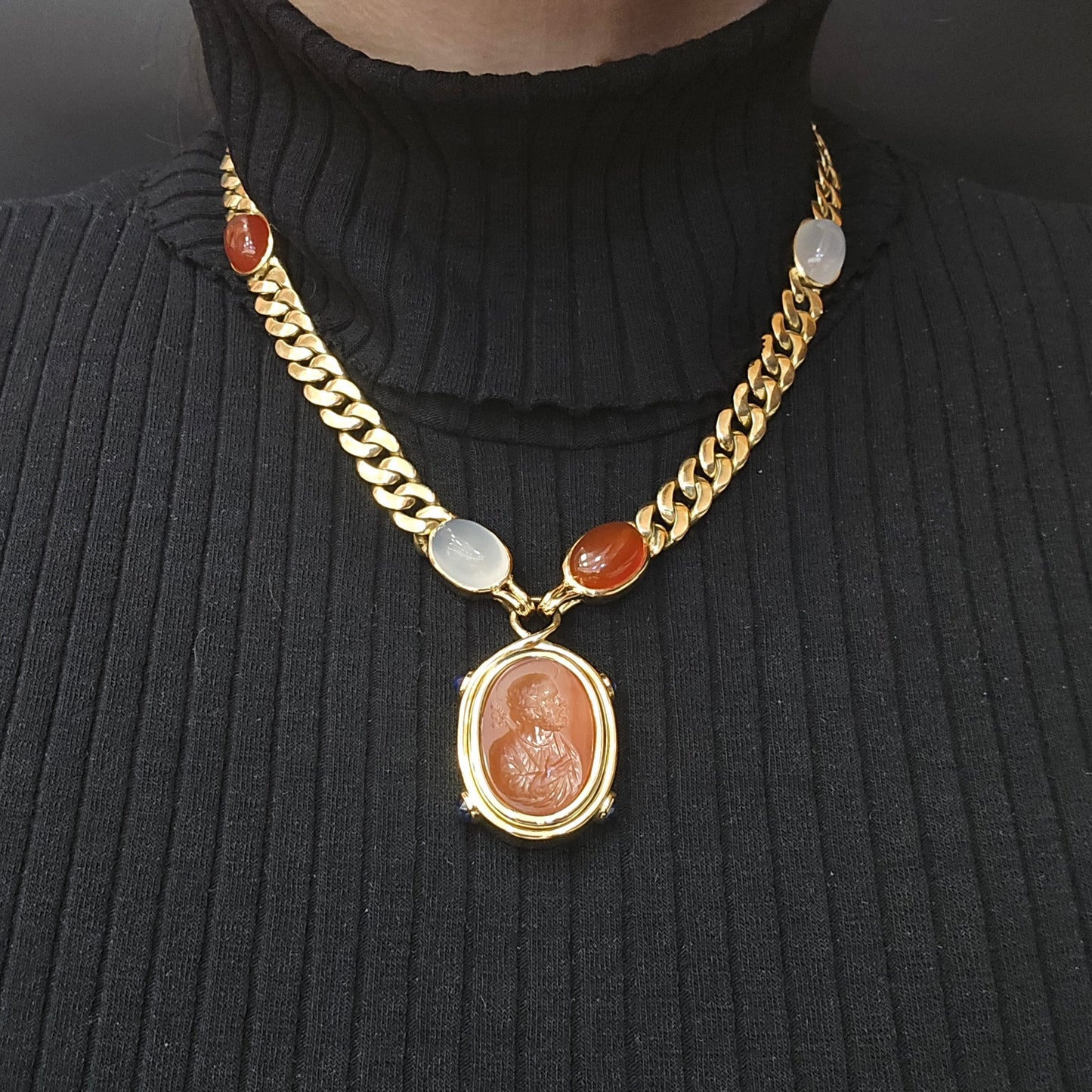 Bulgari 18K Chalcedony Agate Sapphire Cameo Necklace