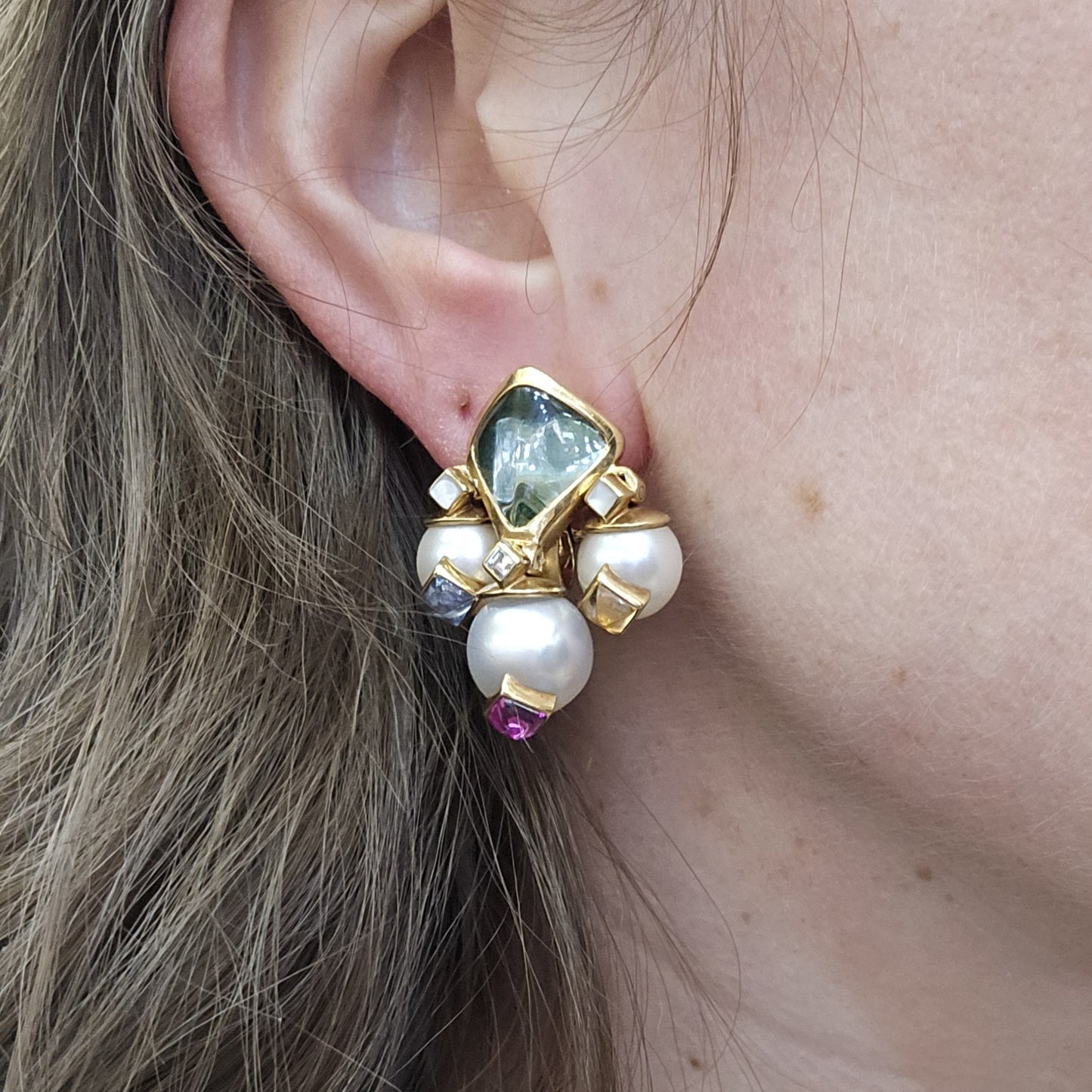 Marina B 18K Pearl Multi-Gem Earclip Earrings