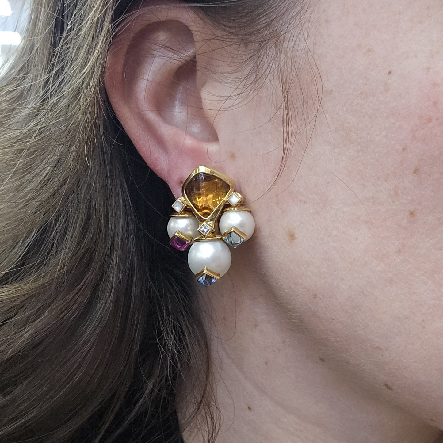 Marina B 18K Pearl Multi-Gem Earclip Earrings