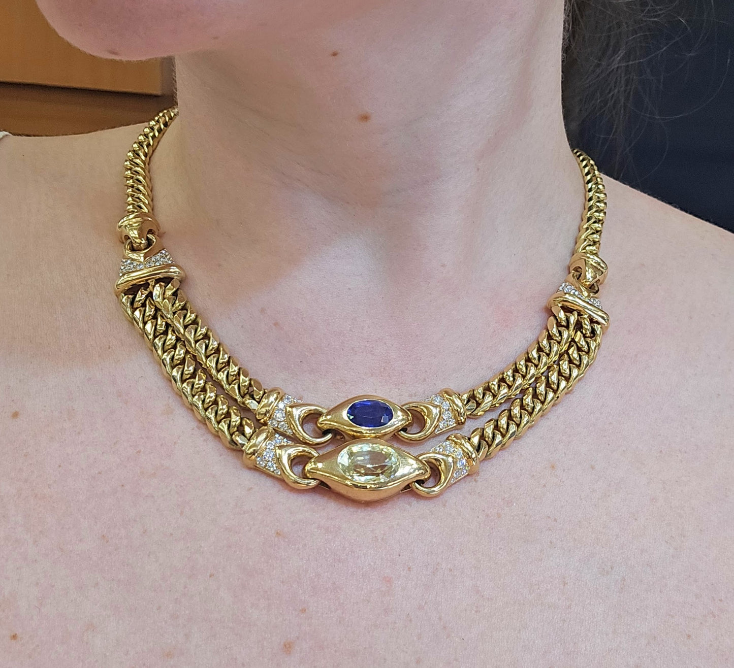 Bulgari 18K Yellow & Blue Sapphire Diamond Necklace