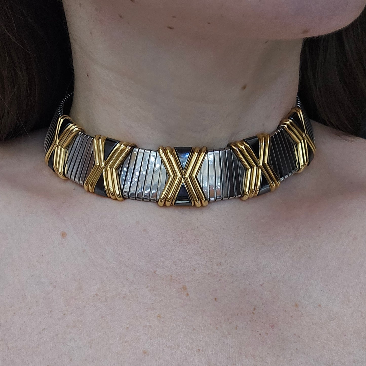 Bulgari 18K Gold and Steel 'Tubogas' Adjustable Choker Necklace