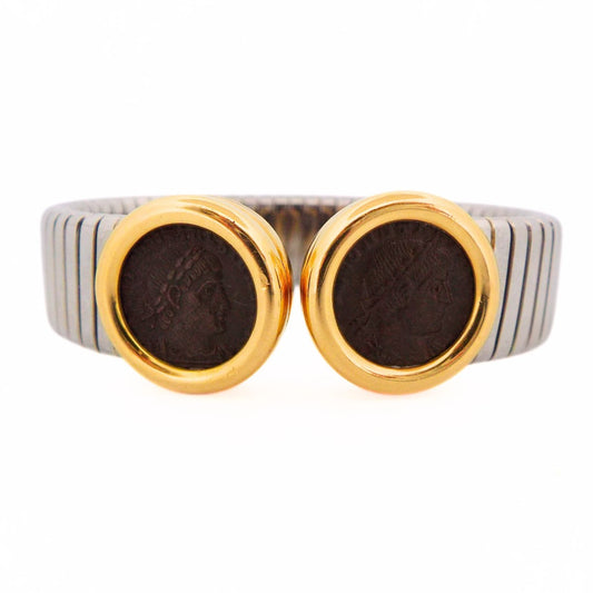 Bulgari Double Monete Tubogas 18K Gold Steel Bracelet