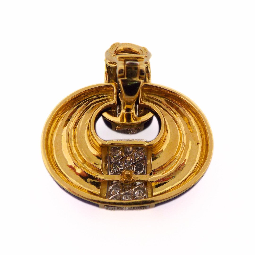 David Webb 18K Blue Enamel Diamond Doorknocker Earclip Earrings