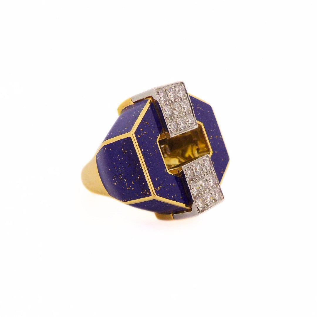 David Webb 18K Blue Enamel Diamond Ring