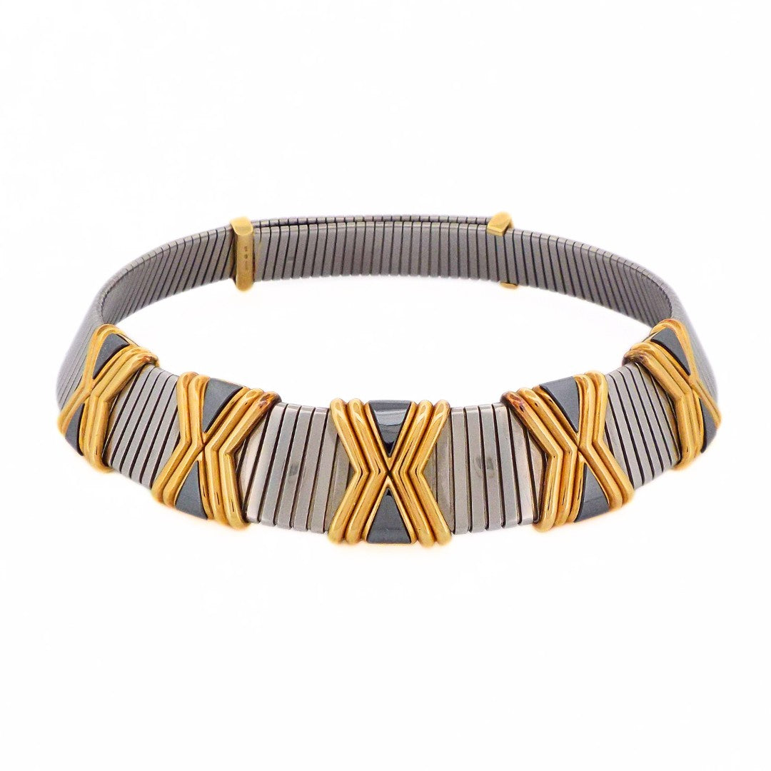 Bulgari 18K Gold and Steel 'Tubogas' Adjustable Choker Necklace