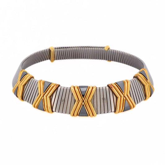 Bulgari 18K Gold and Steel 'Tubogas' Adjustable Choker Necklace