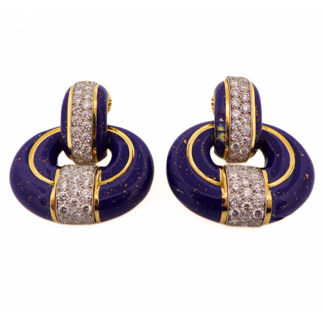David Webb 18K Blue Enamel Diamond Doorknocker Earclip Earrings